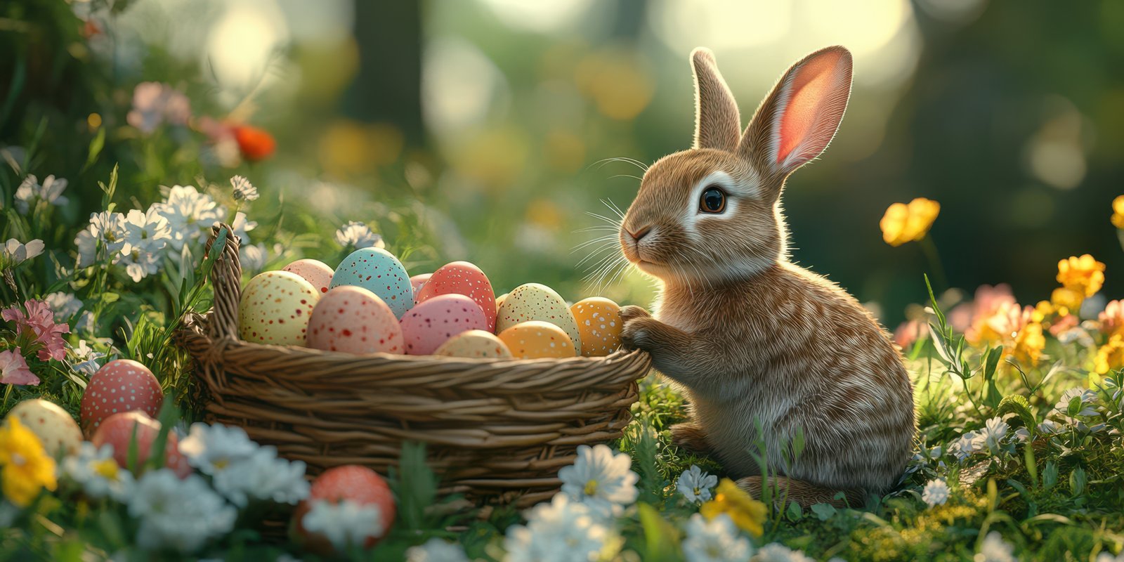 Cute rabbit beside a basket of colorful Easter eggs in a spring meadow surrounded by flowers
